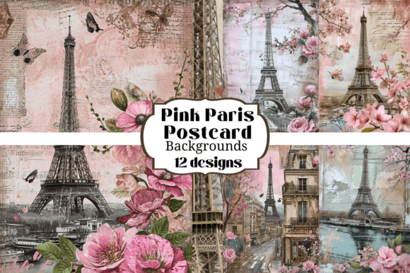 Vintage Pink Paris Postcard Backgrounds for Creative Projects